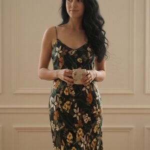 Zara Mulberry Silk Slip Dress Midi Green Floral Size M